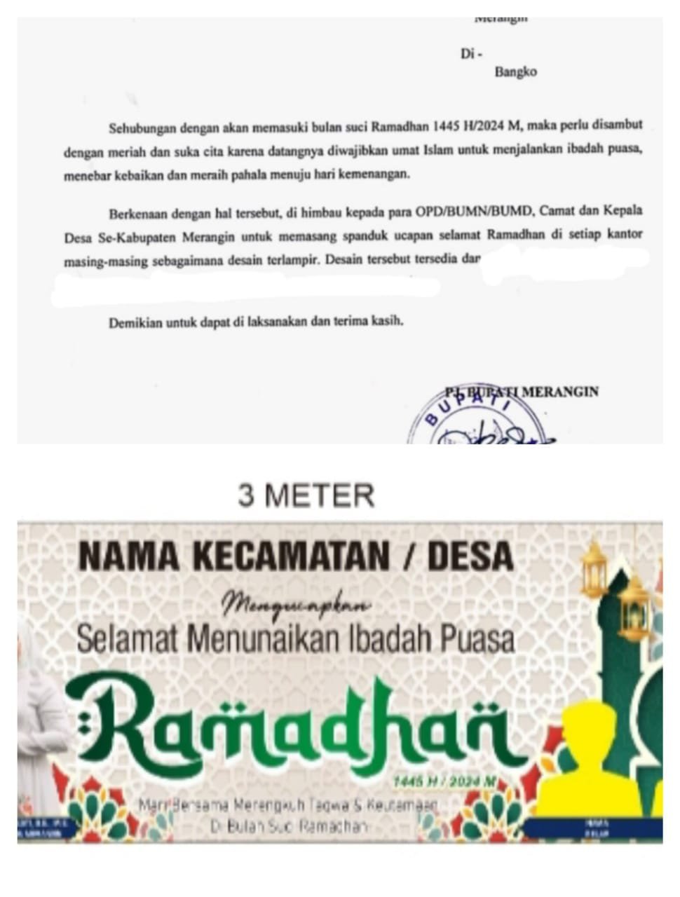 Surat Edaran Bupati Merangin, yang terlihat di-tipe x, dan spanduk yang wajib dibuat oleh BUMN, BUMD, Camat dan Kades. (DETAIL/ist)